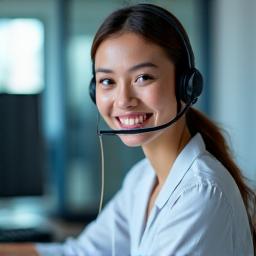 Friendly ASFF multilingual hotline operator assisting a client over the phone, with a headset on.