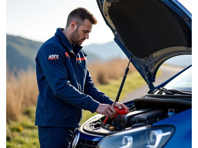 Technician performing a battery jump-start on a car with a professional jump-starter