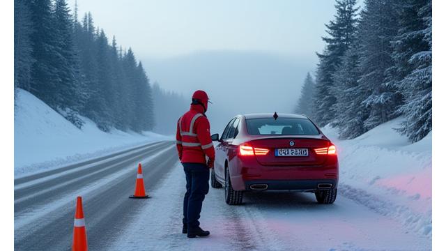 Roadside assistance technician jump-starting a car in a snowy landscape