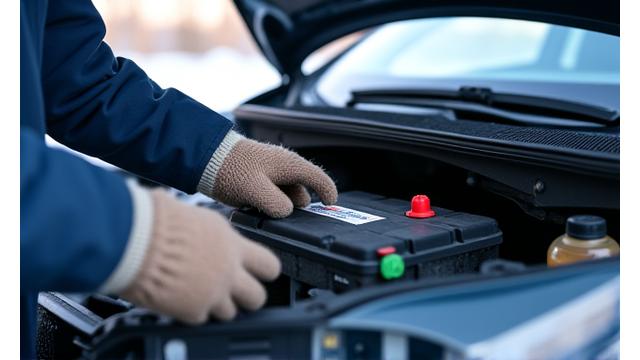 Car owner checking battery terminals in winter