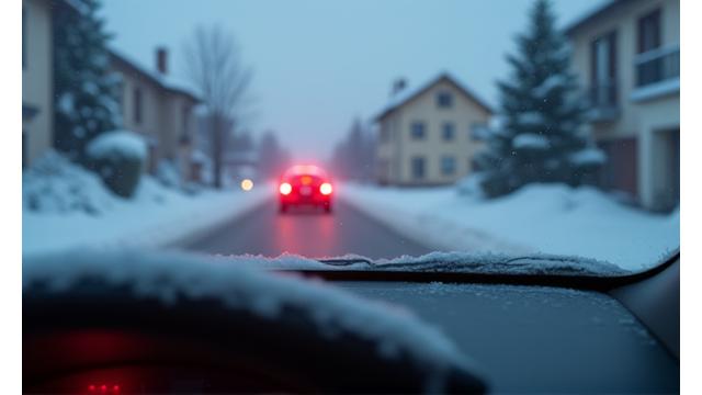 Car parked in snow with battery warning light on dashboard