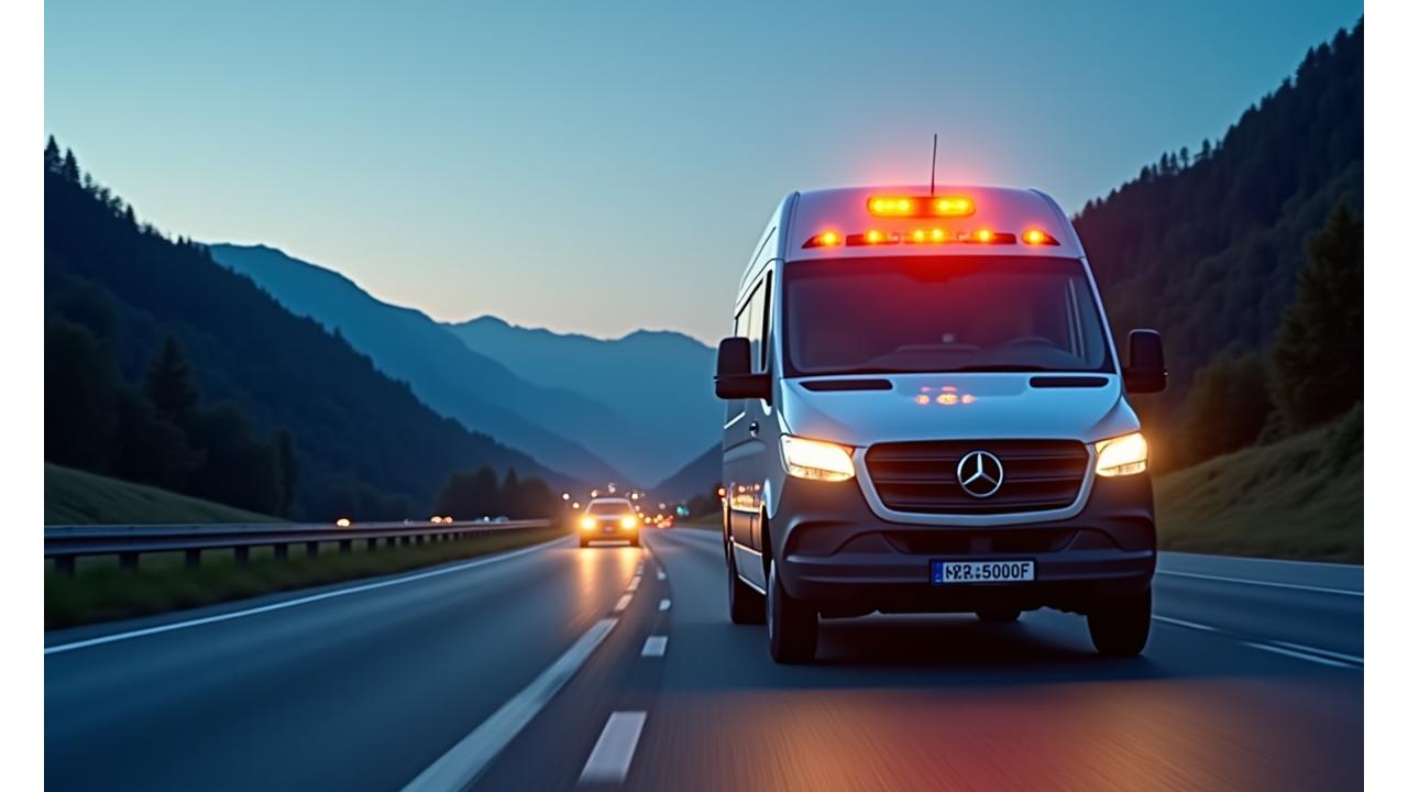Roadside assistance vehicle with flashing lights on an Austrian highway at dusk, emphasizing 24/7 availability