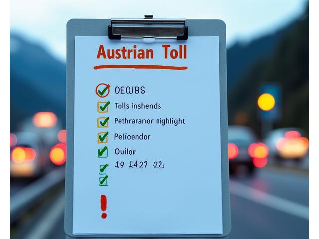 Checklist graphic for Austrian toll compliance, featuring checkmarks, road signs, and a warning symbol for fines.