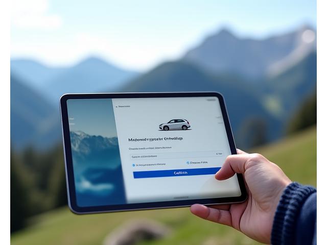 Simplified digital vignette purchase interface on a tablet, showing clear steps and a car icon, with the Austrian Alps in the background, conveying ease and reliability.