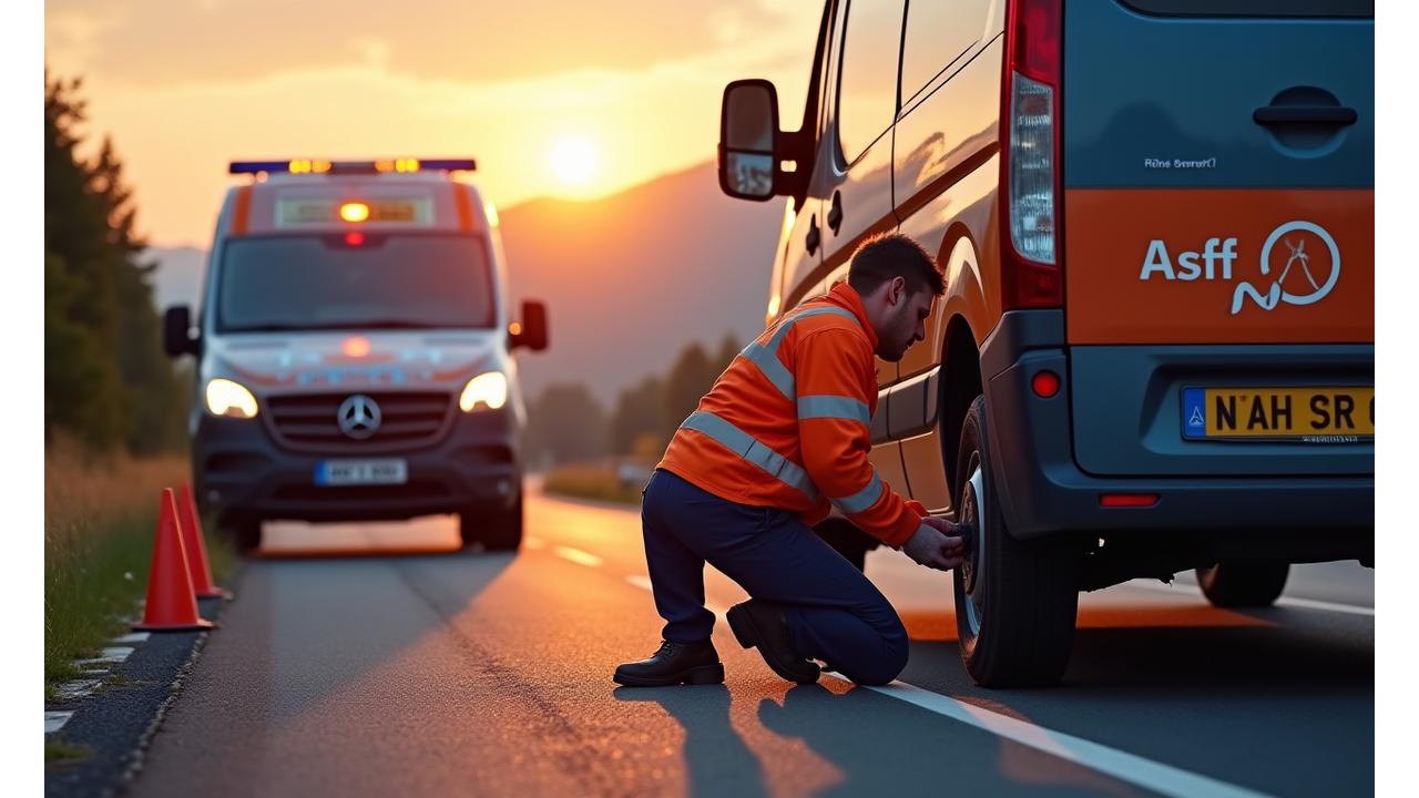 ASFF Road Assist technician safely changing a flat tire on the side of an Austrian highway at dusk, with clear warning lights and a professional van in the background.