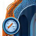 Icon of a tire with a pressure gauge, representing tire pressure adjustment and inspection.