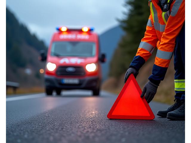 ASFF Road Assist technician setting up warning triangles and wearing high-visibility gear on a roadside, demonstrating safety protocols.