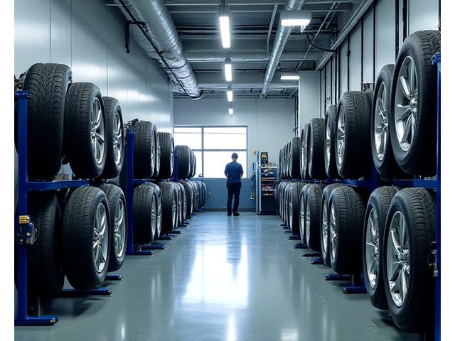 A modern tire repair shop interior with various tires and tools, ready for professional service, symbolizing ASFF's network.