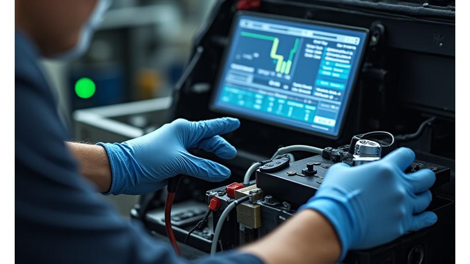 Technicians performing diagnostic tests on an electric vehicle battery pack, illustrating advanced EV battery diagnostics