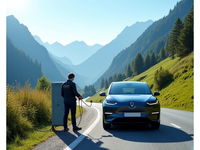 Electric car being charged on the side of an Austrian road with mountains in the background, signaling specialized EV roadside assistance in Austria