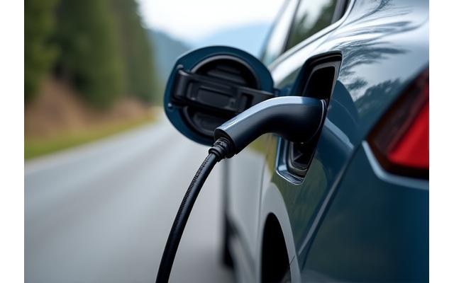 Portable EV charging unit connected to a stranded electric vehicle on a rural Austrian road, emphasizing emergency roadside charging