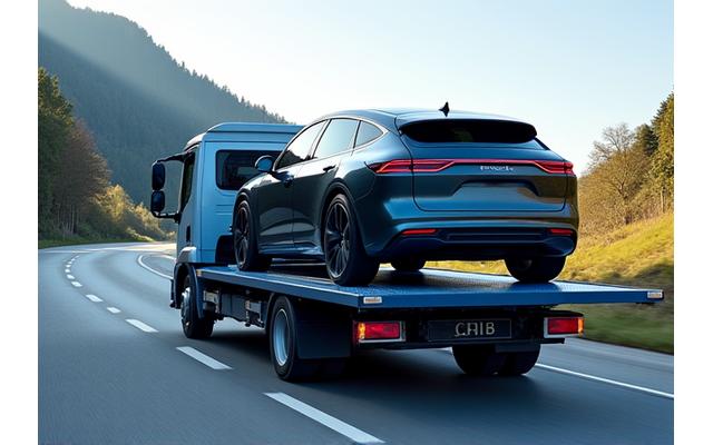 Flatbed tow truck carefully loading a luxury electric vehicle, highlighting professional EV towing with specialized equipment