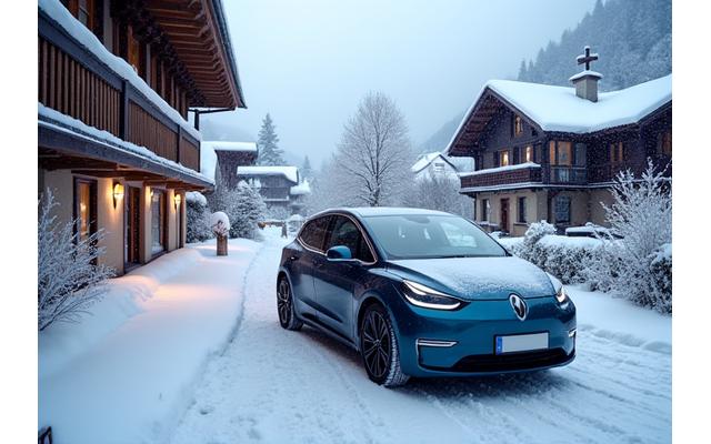 An electric vehicle parked in a snowy Austrian landscape with a focus on its battery indicator showing optimal performance, conveying winter EV care