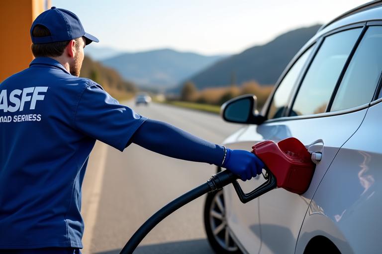 ASFF Road Assist professional providing emergency fuel delivery to a stranded car on an Austrian road with clear skies.