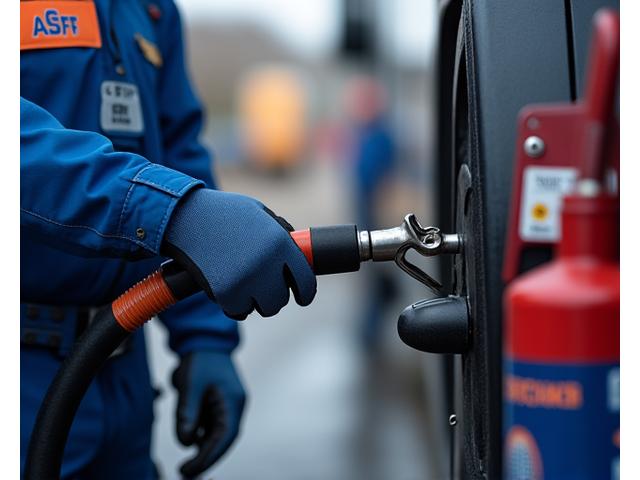 ASFF Road Assist technician ensuring safety during a fuel delivery, wearing protective gear and using professional equipment.