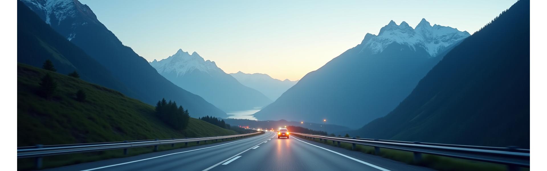 Panoramic view of Austrian Alps with highways overlayed, symbolizing ASFF Road Assist's wide coverage and rapid response.