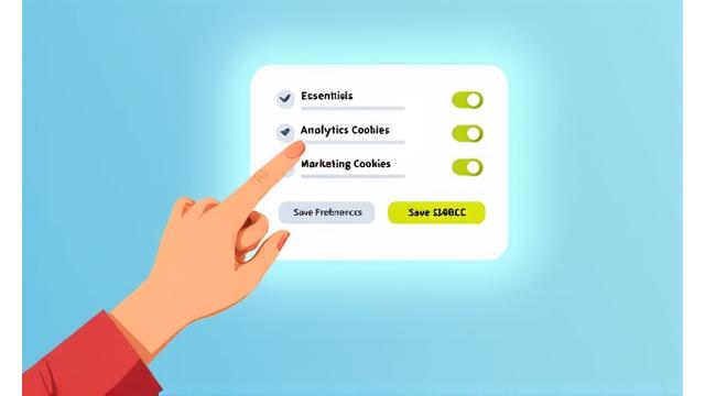 Illustration of a user's hand interacting with a digital interface showing cookie consent options, symbolizing user control over privacy settings.