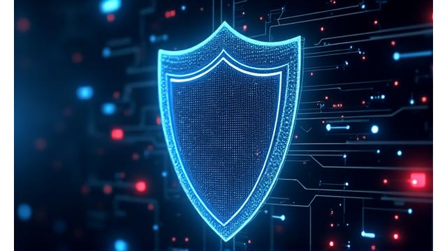 Digital shield icon overlaid on a secure network representation, emphasizing data security and protection.