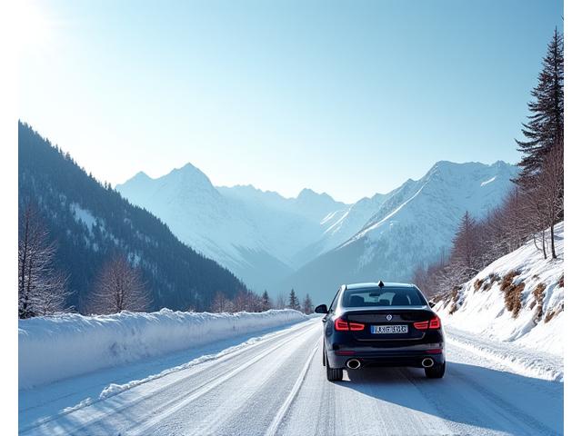 Car driving on a snowy mountain road in Austria, emphasizing winter driving conditions