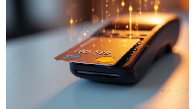 Close-up of a secure credit card terminal with a digital overlay showing a clear, transparent transaction, emphasizing trust in payment processing