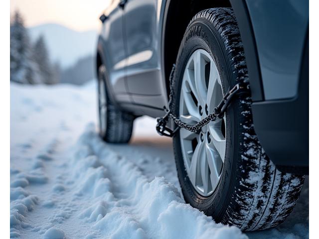Close-up of tire chains being installed on a car wheel in snowy Austrian mountains