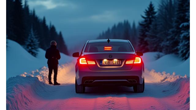 Driver safely illuminated by hazard lights, waiting for roadside assistance in a snowy roadside