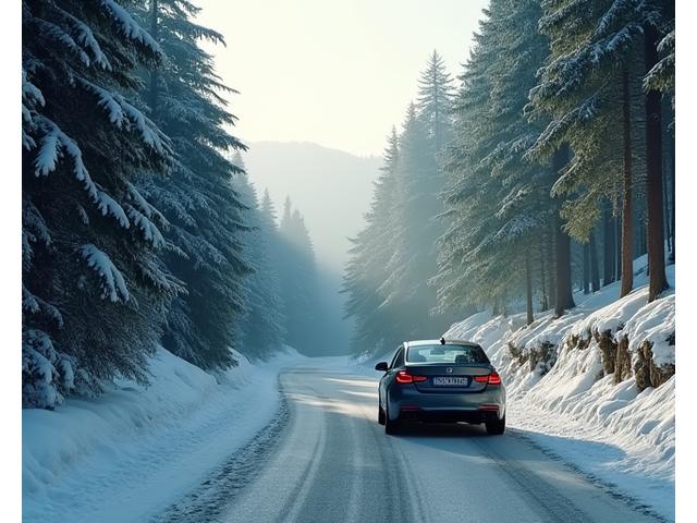 Car driving carefully on a snowy, winding alpine road in Austria, demonstrating safe winter driving