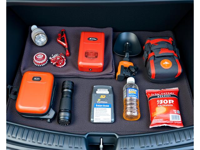 Contents of a well-prepared winter emergency kit spread out, including blankets, flashlight, and shovel