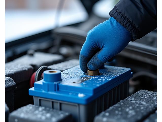 Mechanic checking car battery in the snow, illustrating winter vehicle preparation in Austria